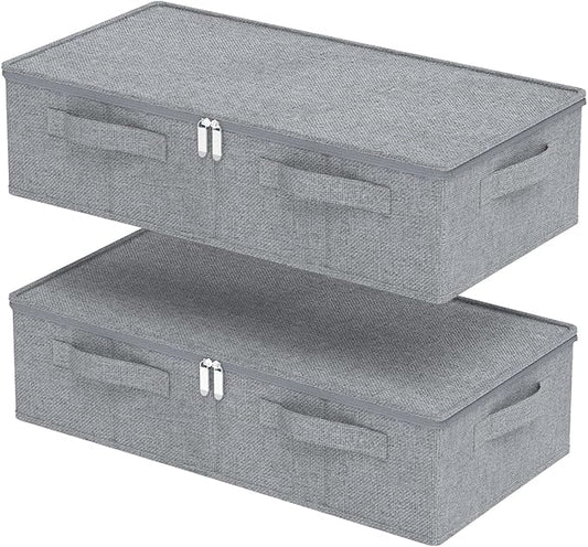 Underbed Storage Box, Foldable Bed Sheet Organizer, Cube Bags Container with Lid for Organizing Clothes, Blankets, Comforter, 23.6x11.8x5.9in, Grey, 2 Pack