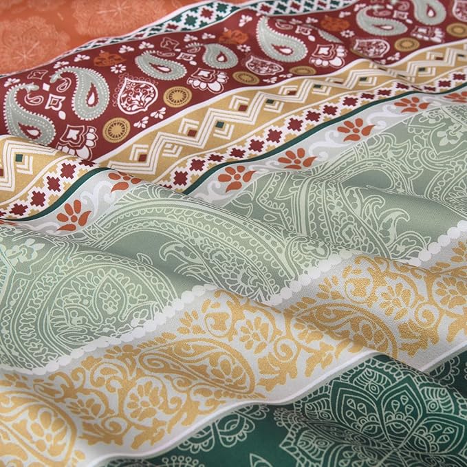 Cottolester Boho Comforter Set King Size,8 Pieces Sage Green and Orange Bohemian Striped Bed in a Bag,Paisley Soft Microfiber Bedding Comforter Set
