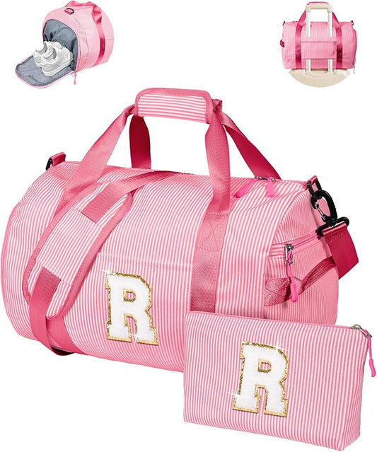 Gifts for Teenager, Girls Travel Duffle Bag, Kids Initial Overnight Bags with Shoe Compartment, Personalized Weekend Bag with Makeup Pouch, Birthday Gifts for Her (Letter R)