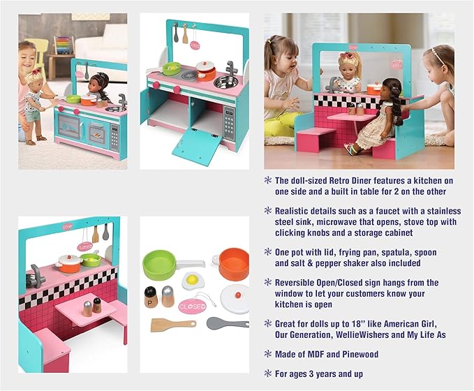 Badger Basket Double-Sided Retro Diner and Kitchen Doll Playset with Realistic Accessories for 18 to 20-Inch Dolls
