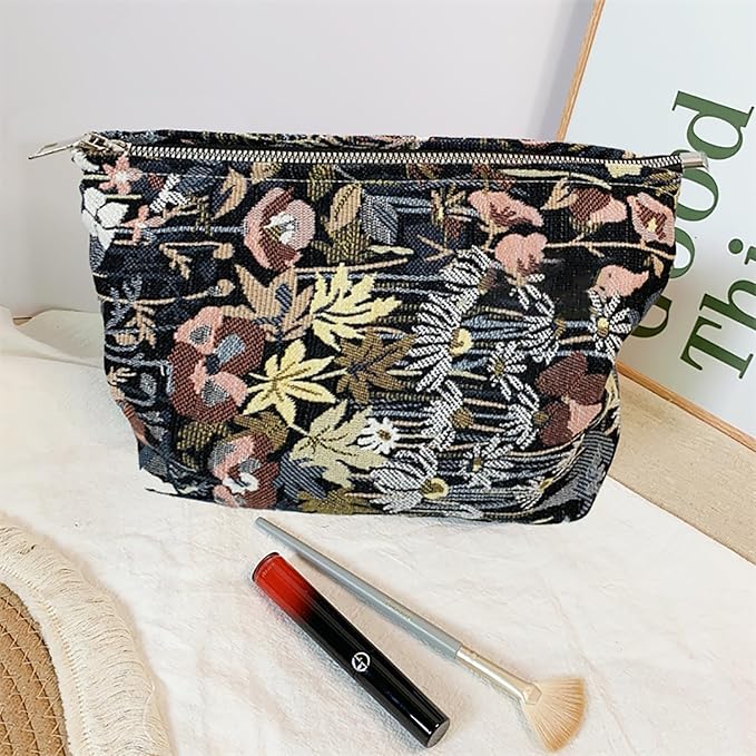 HAPPYHEIDI Cute Floral Makeup Bag Cosmetic Travel Pouch with Bottom and Zipper, Purse Make Up Organizer, Aesthetic Textured Fabric, Large