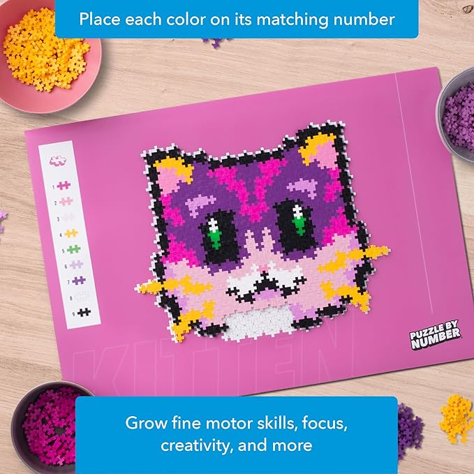 Plus Plus Puzzle By Number, 500 Piece Mini Interlocking Hashtag Color Blocks, 3D Pixel Art Kit for Kids - Kitten