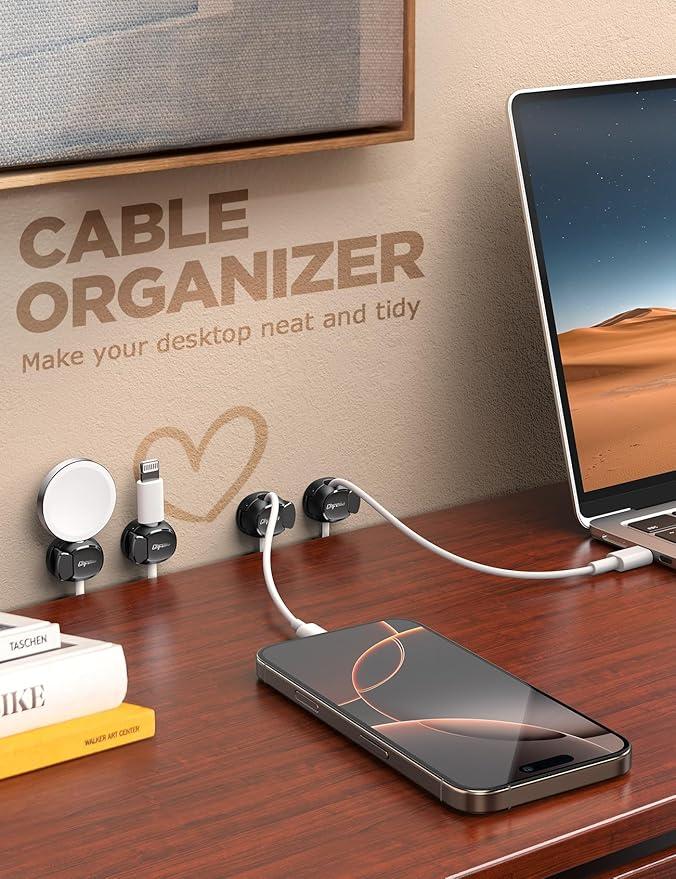 12Pack Cord Organizer [Dual Spring & Clasp, Max Secure] Cable Clips - Chfeila Cord Holder, Desk Cable Management, Adhesive Phone Charging Wire Holder for Nightstand/Car/Wall, Office Accessory - Black