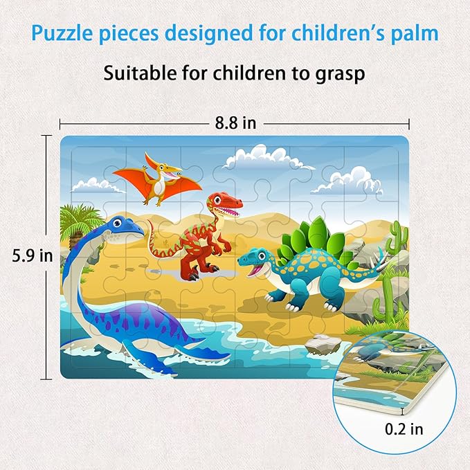 Puzzles for Kids Ages 3-5 4-6, 24 Pieces Dinosaur Wooden Jigsaw Puzzles for Toddlers Ages 3 4 5 6 Year Olds Educational Learning Toys Children Puzzles for Kids Boys and Girls
