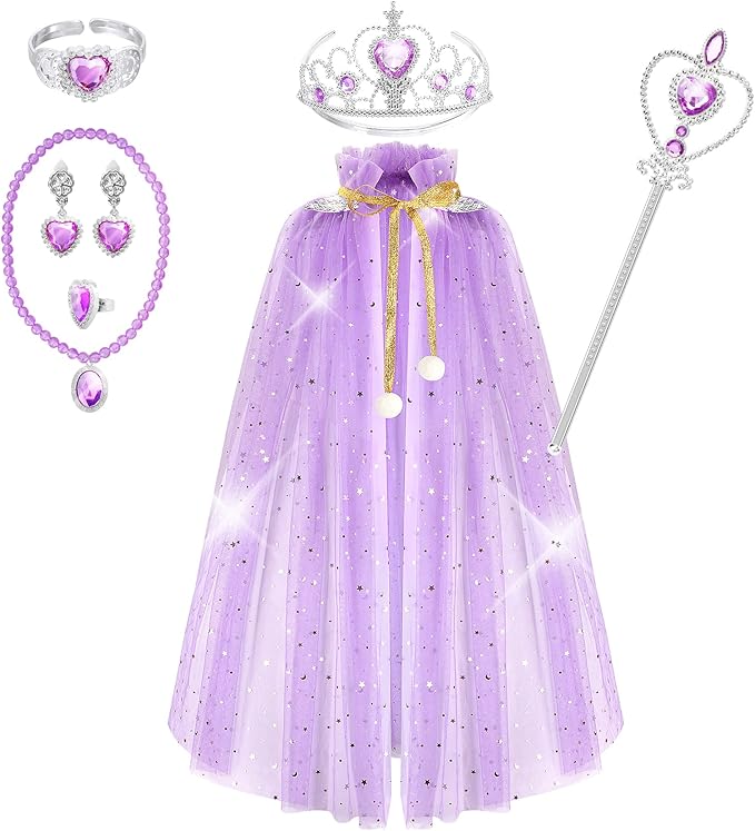 Fedio Princess Cape Set 7 Pieces Girls Princess Cloak with Tiara Crown, Wand for Little Girls Dress up (Purple)