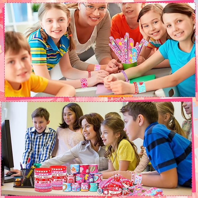 JUNEBRUSHS 50Pcs Valentines Day Party Favors Slap Bracelets Rubber Bracelets, Assorted Silicone Wristbands Snap Bracelets Valentines School Classroom Gifts Valentines Day Goodie Bag Stuffers