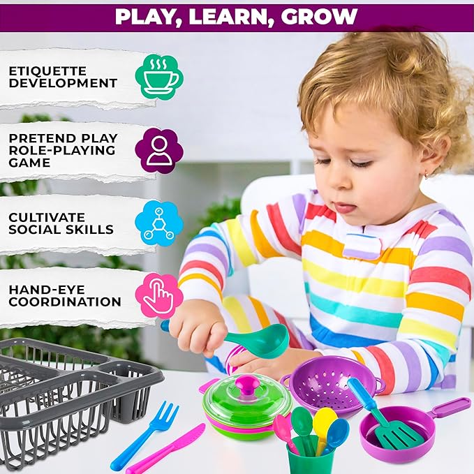 Kids Play Dishes for Kids Kitchen Playset Accessories - 27Pcs Kitchen Toy Dishes for Kids Kitchen Accessories Kids Play Plates and Bowls Sets - Kids Dishes Playset for Outdoor Play Kitchen Accessories