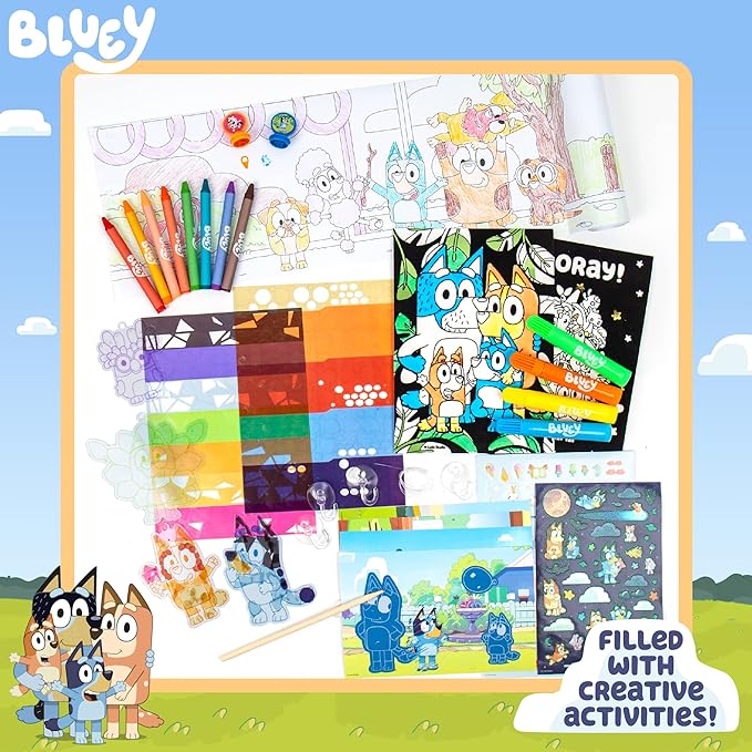 Bluey Ultimate Activity Backpack, 10+ Activities, Includes Backpack with 4 Sticker Suncatchers with 4 Suction Cups, 4 Surprise Scratch Arts, 2 Velv-its Posters, 1 Coloring Roll, 4 Markers, Kid Gifts