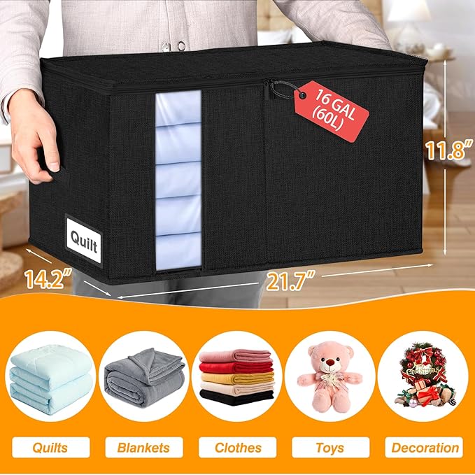 60L Comforter Storage Bag, Sturdy Construction Blanket Storage Bin w/Durable Handles, Foldable Storage Box w/Dual Zippers for Sheets Quilts Sweaters Bedding Sets Pillows, 2 Pack, Black