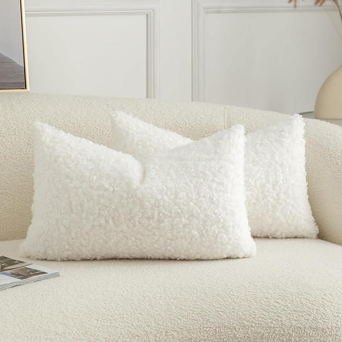 Pack of 2 Curly Teddy Wool Faux Fur Throw Pillow Covers Fuzzy Accent Soft Sherpa Pillowcases Sheepskin Fleece Decorative Cushion Case for Sofa Couch Living Room 12x20 Inch Neutral White