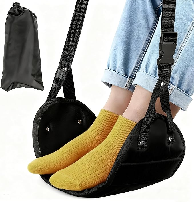 Airplane Travel Foot Hammock, Adjustable Footrest for Long Flight Trip, Travel Essentials to Relax Feet, Black