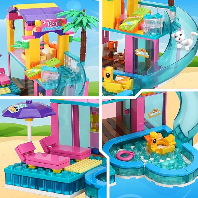 Dream Girls Friends Beach House Building Set 380 PCS Seaside Beach Villa Swimming Pool House with Slide Building Toys Summer Vacation Party Room Dream House Building Kits Gifts for Kids Girls 6-8-12