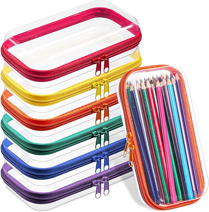 Sanwuta 6 Pcs Clear Hard Zipper Case Plastic Zipper Pouches Transparent Makeup Bag Pencil Case Pouches Toiletry Diaper Bag for Travel Toy Storage Organizer Bins