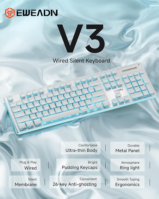 GX710S Backlit Computer Keyboards, Wired USB Keyboard with Blue Backlit, Metal Panel, Plug and Play, Pudding Keycaps Full Size Quite Computer Keyboard for Win/PC/Laptop-White