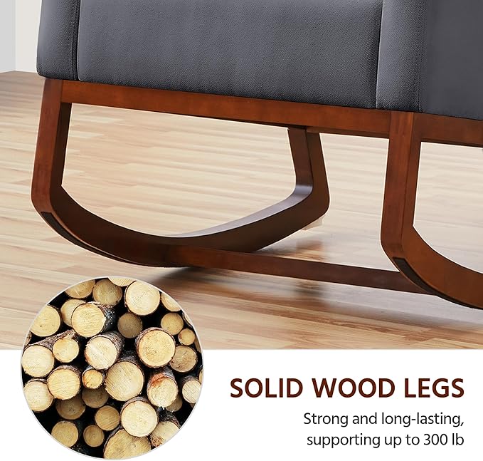 Yaheetech Rocking Chair, Upholstered Glider Chair with Side Pocket, Nursery Chair with High Backrest and Rubber Wood Legs, Rocking Accent Armchair for Living Room Bedroom Nursery, Gray