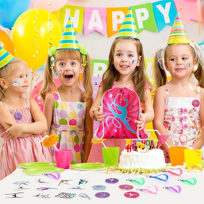 Lenwen 128 Pcs Gymnastics Party Favors Girl Gymnastics Drawstring Backpack Gymnastics Gift Gymnastics Stickers Glitter Pencils Keychain Spiral Notebook Button Pins Rubber Bracelets for Birthday Supply