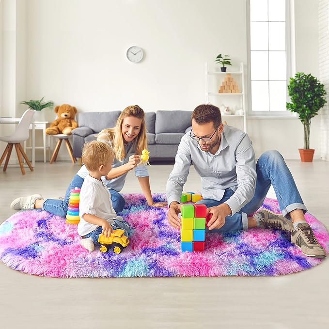 Noahas Oval Fluffy Hot Pink Rainbow Rug 2.6X5.3 Small Kids Rugs for Bedroom Girls Aesthetic,Bedside Bedroom Rug,Ultra Soft Runner Carpet Modern Shaggy Nursery Area Rugs Home Decor