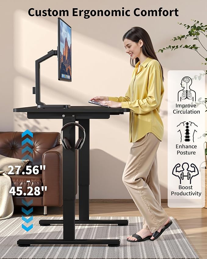 Okin Small Electric Standing Desk, 36 x 24 Inches Whole Piece Height Adjustable Desk, Black Sit to Stand Desks Computer Workstation for Home Office
