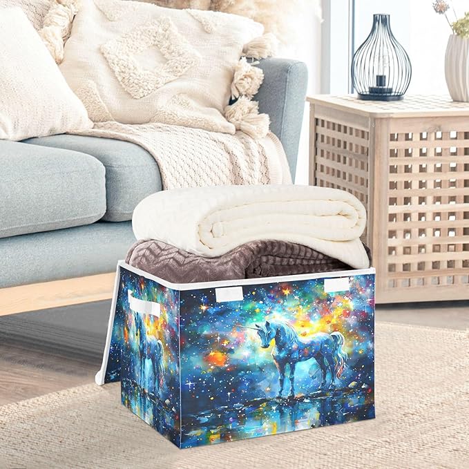 senya Large Storage Bins with Linen Collapsible Foldable Storage Cubes Fabric Closet Organizer Containers box with Flip-Top Lid for Home Bedroom Office 16.7 x 12.6 x 11.8in (Unicorn Stars Pattern)