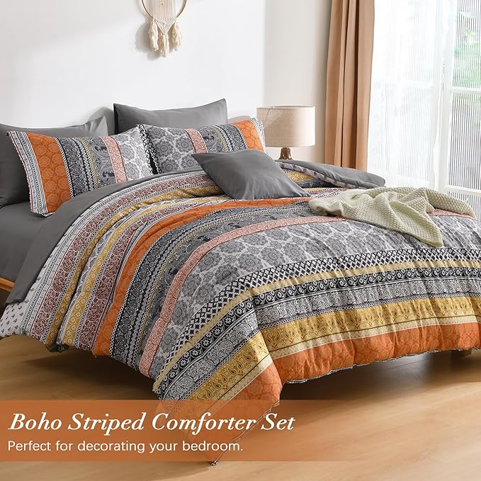 Cottolester Boho Comforter Set King Size,8 Pieces Orange Bohemian Striped Bed in a Bag,Paisley Soft Microfiber Bedding Comforter Set