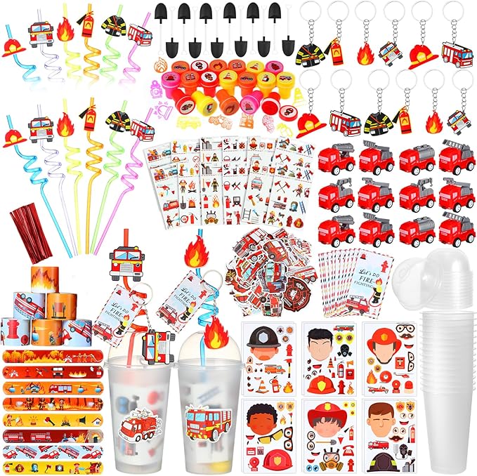 HyDren 171 Pcs Firefighter Party Favors Included Gift Cup Straw Keychain Slap Bracelet Mini Truck Sticker Stamper Card Tattoo Sticker Shovel Sticker Tag Cable Tie For Birthday Gift Prize