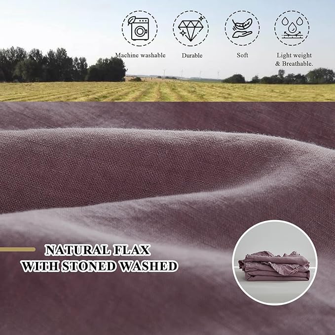 Simple&Opulence 100% Linen Duvet Cover Set, 3 PCS Natural French Flax Purple Ruffle Duvet Cover King Size, Breathable Comfy Linen Bedding Comforter Cover with 2 Pillowcases (Purple, 104" X 92")