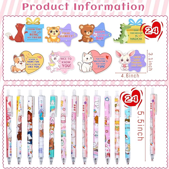 24 Pack Valentines Day Gifts for Kids, Valentine Cards for Kids Classroom School with Pens, Valentine Greeting Cards Bulk Goodie Bag for Boy Girl Valentine Party Favors Exchange Gift Class Prizes