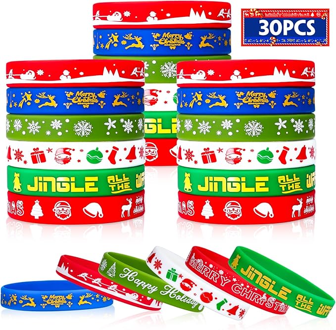 Christmas Rubber Bracelets 30 PCS Bulk Christmas Party Favors Stocking Stuffers for Kids Silicone Wristbands Goodie Bags Stuffers Xmas Toys Gifts Party Supplies Decorations Classroom Prizes