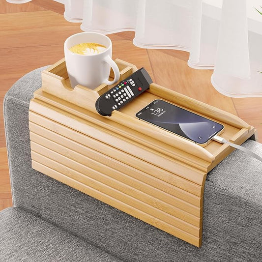 Bamboo Sofa Armrest Tray - Couch Arm Tray with Detachable Couch Cup Holder - 2 in 1 Anti-Slip Foldable Sofa Armchair Caddy Table for Drinks Cellphone TV Remote Snacks