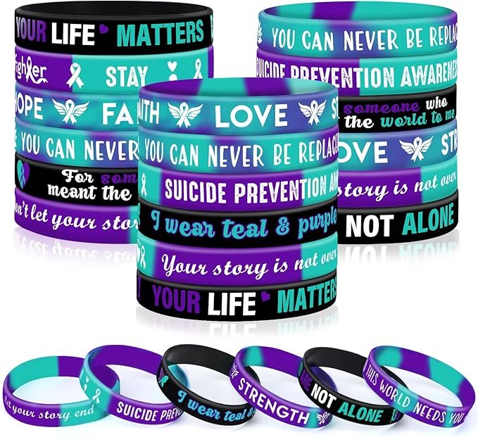 JUNEBRUSHS 42pcs Suicide Prevention Awareness Silicone Wristband Bulk Purple Teal Ribbon Inspirational Rubber Bracelets for Suicide Prevention Awareness Inspirational Favor Charity Campaign Supplies