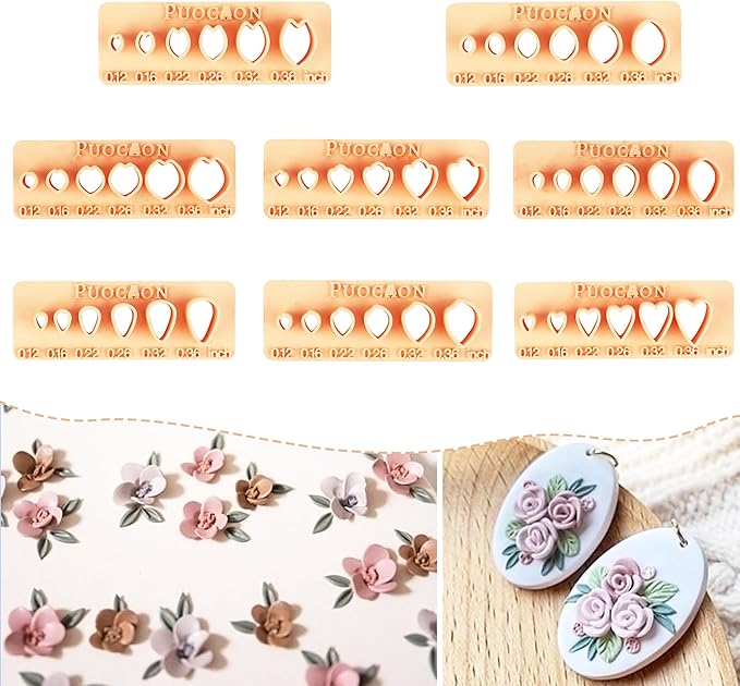 Puocaon Petal Polymer Clay Cutters - Mini Flower Petal Clay Cutters for Polymer Clay Jewelry, Set of 8 Clay Jewelry Cutters, Micro Flower Clay Cutter Set, 3D Flower Cutters for Polymer Clay Earrings