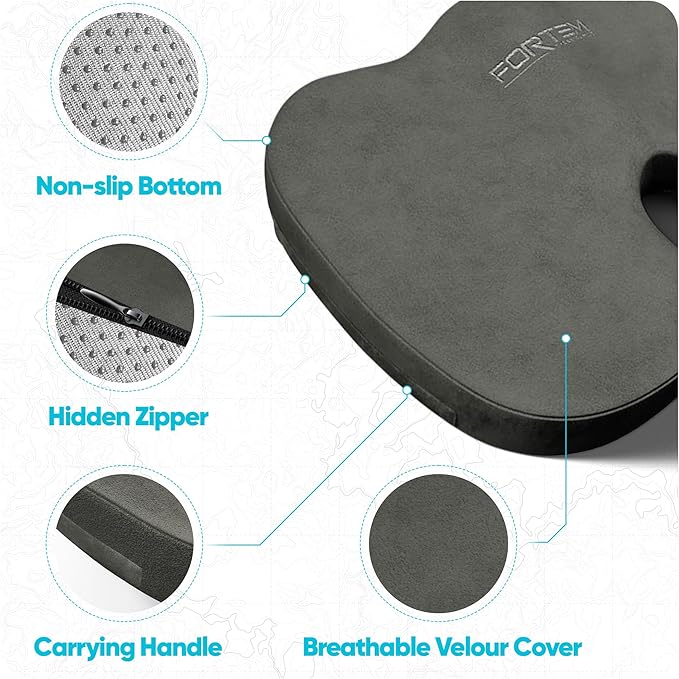 FORTEM Seat Cushion, Office Chair Cushion, Lumbar Support Pillow for Office Chair, Memory Foam Sciatica Coccyx Tailbone Pressure Pain Relief, Car Sitting Pad, Washable Non Slip