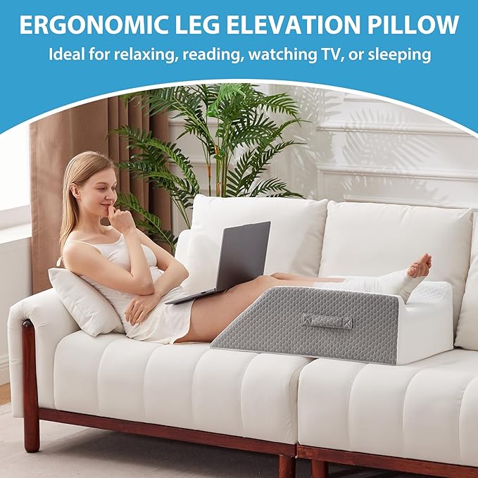 Double Leg Elevation Pillows for After Surgery, Memory Foam Leg Elevating Pillow, Leg Pillow Elevation Blood Circulation, Knee Pillow Wedge Pillow for Back Knee Hip Ankle Pain Relief, White/Grey