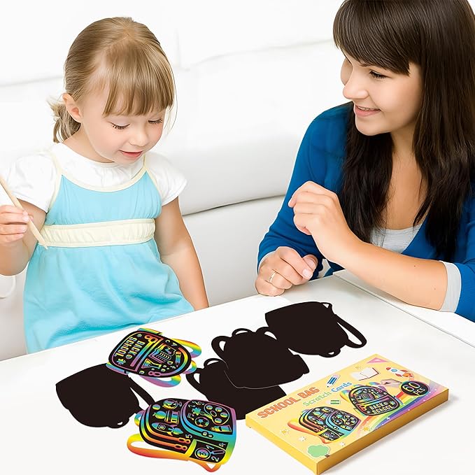 B1ykin School Bag Scratch Cards Gift - Back to School Magic Bag Scratch Paper Art Kit for Kids, DIY First Day of School Scratch Off Hanging Card Party Favors for Classroom Activity Art Project