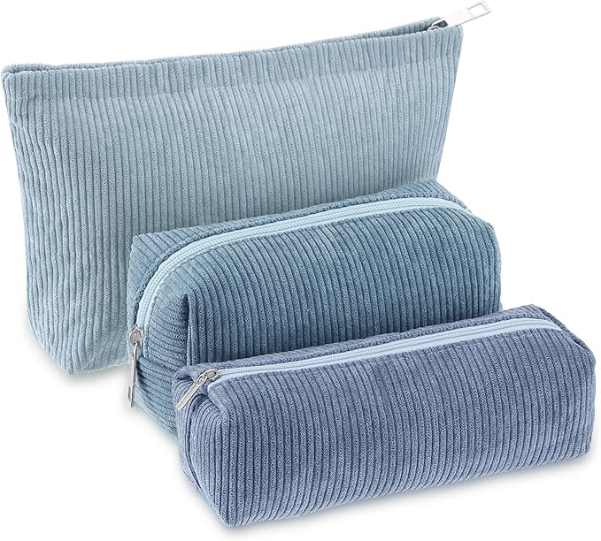 Huhumy 3 Pcs Makeup Bag Set for Women Corduroy Cosmetic Pouch Aesthetic Smile Travel Toiletry Bag Cute Purse Pouch Pencil Case Makeup Brushes Storage Organizer for Valentine(Blue,Gradient)