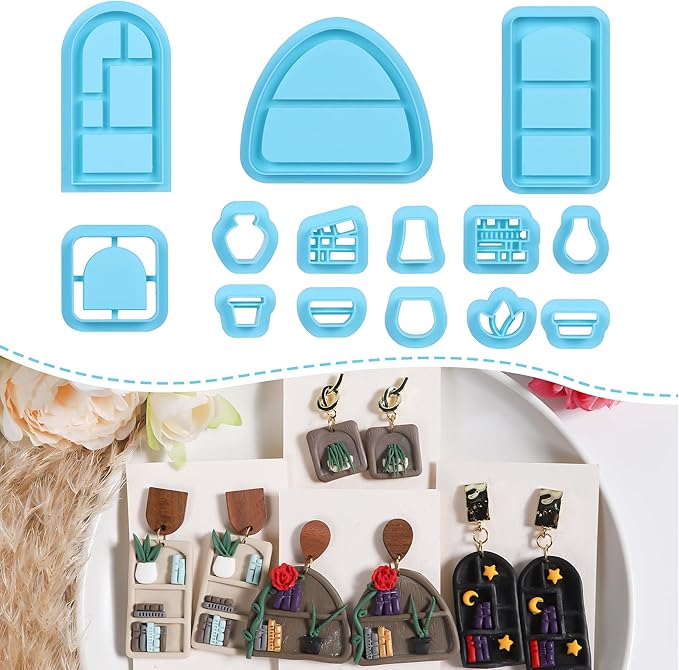 Sitsink Back to School Clay Cutters - 14 Pcs Bookcase Clay Cutters for Polymer Clay Earrings, Bookshelf Potted Plant Polymer Clay Earring Cutters, 3D School Books Polymer Clay Cutters for Jewelry