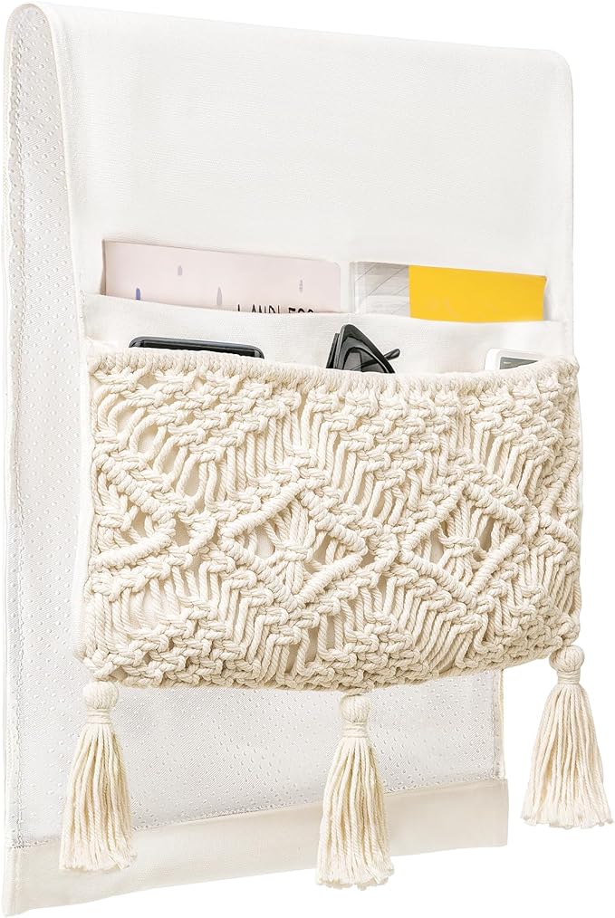 Mkono Macrame Couch Organizer Remote Control Caddy Sofa Armrest Armchair Bedside Storage Holder Bag for TV Remote, Magazine, Books, Cell Phone, iPad, Boho Living Room Home Dorm Decor, Beige, Large