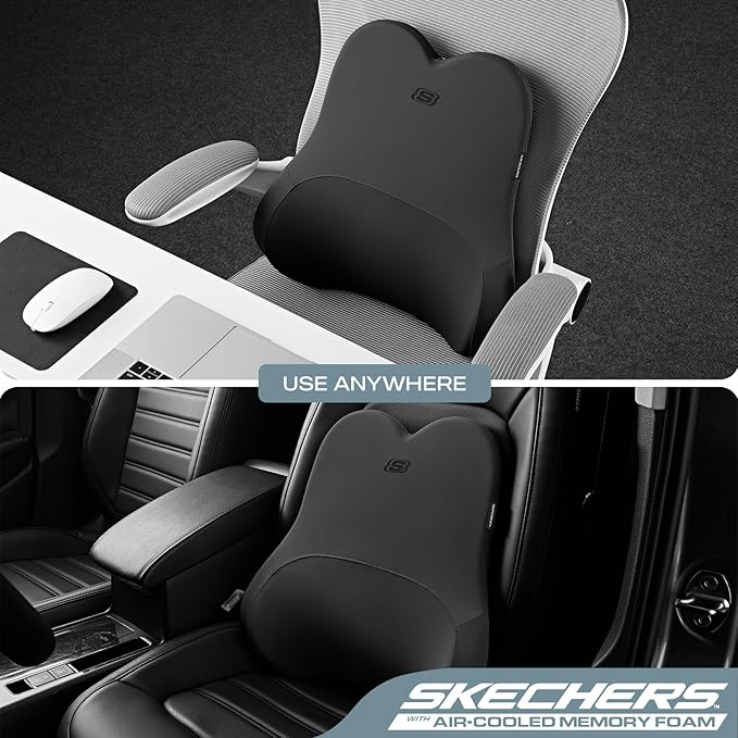 Skechers Air-Cooled & Memory Foam Lumbar Pillow,Lumbar Support Pillow for Office,Chair Lower Back Pain Relief Lumbar Pillow,Ergonomic Design Back Support Pillow for Office Chair,Car,Home,Travel,Black