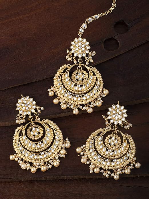 Aheli Bollywood Ethnic Chandbali Style Big Earrings Maang Tikka Set Traditional Fashion Jewelry Gift for Women