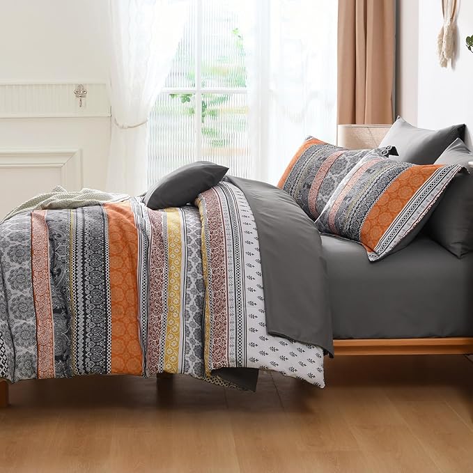 Cottolester Boho Comforter Set King Size,8 Pieces Orange Bohemian Striped Bed in a Bag,Paisley Soft Microfiber Bedding Comforter Set