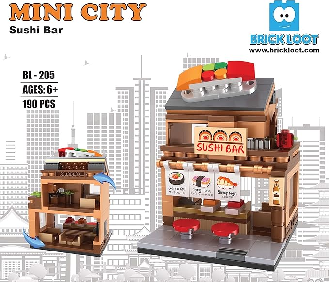 Brick Loot Mini City Sushi Cart Bar Toy Building Block Set, Custom Designed Model, for Adults & Kids Age 6+, 100% Compatible with Lego and Other Major Toy Building Block Brick Brands, 190 Pieces