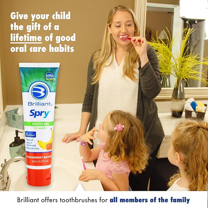 Brilliant Oral Care Kids Fluoride Free Toothpaste, Spry Gel with Xylitol, Strawberry Banana Flavor for Ages 3+ Months, 2 fl oz, 1 Pack