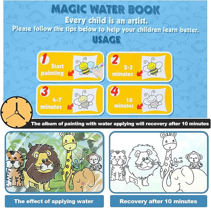 4 Pack Water Drawing Book,Water Coloring & Doodle Book,Reusable Water Reveal Activity Books for Kid,Painting Color Wonder Coloring Books,Gift for Girl & Boy for 3 4 5 6 7 Year Old