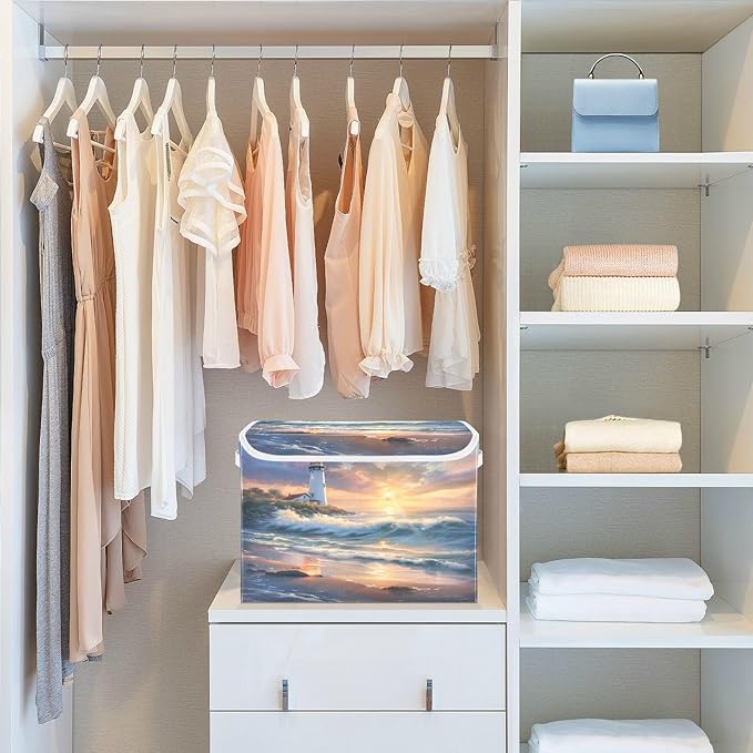 senya Large Storage Bins with Linen Collapsible Foldable Storage Cubes Fabric Closet Organizer Containers box with Flip-Top Lid for Home Bedroom Office 16.7 x 12.6 x 11.8in (Seaside Scenery)