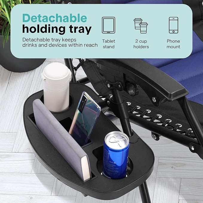 SereneLife Padded Zero Gravity Recliner Chair – Adjustable Foldable Lounge Chair with Side Table, Cup Holder & Headrest, Lockable Recline, Blue & Black, for Patio, Lawn, Camping, or Outdoor Relaxation