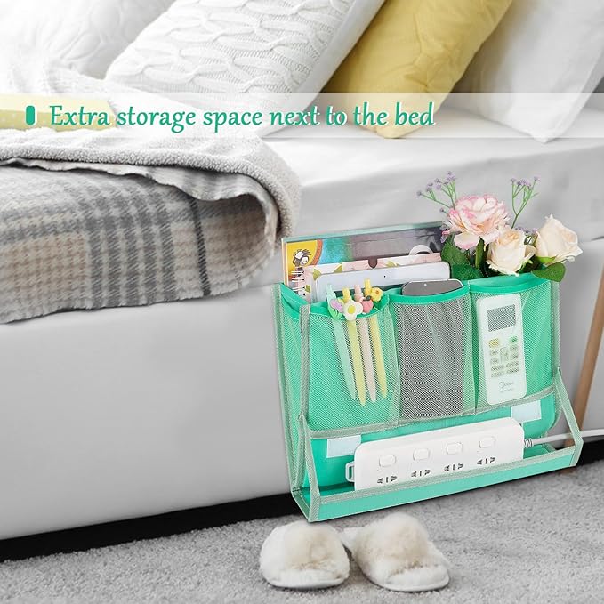 Bedside Caddy Bedside Storage Organizer Bedside Organizer with Power Strip Holder and 2 Adjustable Straps for Home Bunk Bed College Dorm Sofa (Green)