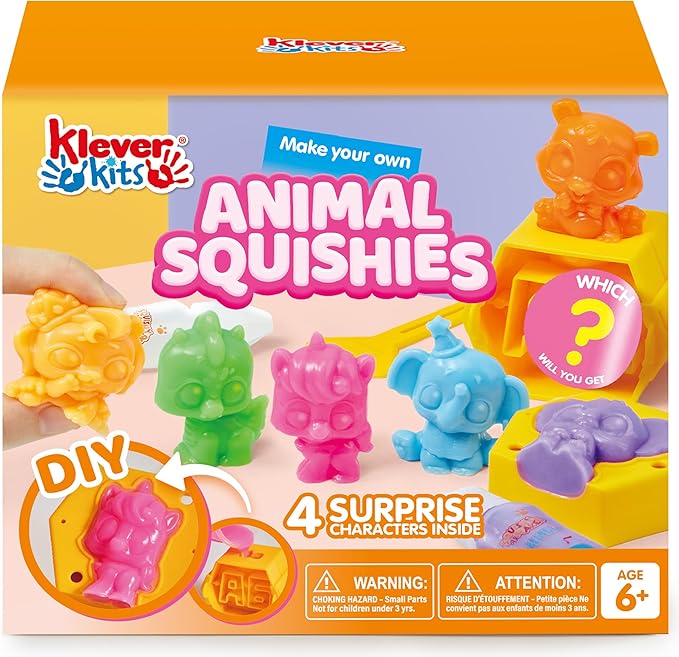 Klever Kits DIY Animal Squishies Kit, Mystery Box with 4 Surprise Characters Inside, Arts and Crafts, Squishy Toys for Kids Ages 6+