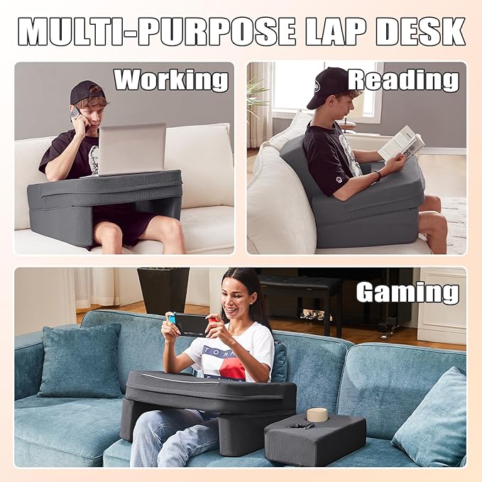 comehealthy Lap Desk for Laptop, Reading Pillow for Adult, Memory Foam Gaming Pillow with Cup Holder, Arm Rest Couch Pillow for Working, Gaming, Reading, Laptop Desk for Couch Bed Floor(Grey)