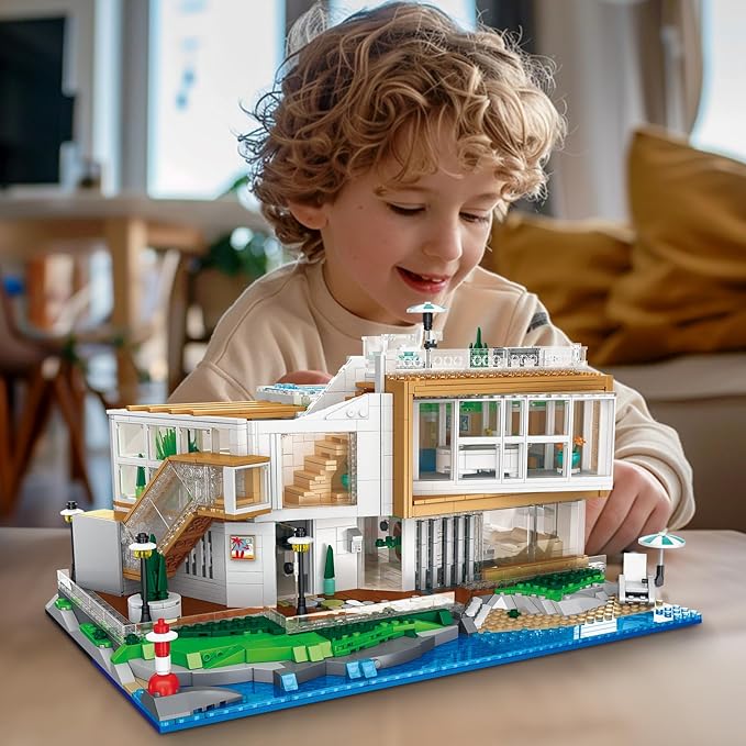 2228Pcs Seaside Villa Building Blocks Set for Kids Ages 8-12 - Street View House Collectible Model Kits - Building Toys with Lighted Glow for Creative Minds