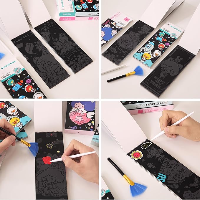 40 Card Rainbow Sparkle Scratch Painting Note, Hand-Eye Coordination Art&Crafts, Mini Magic Scratch DIY Graffiti Creative Bookmarks Gift for Kids&Adults, 8.5''x3.2'' (Canine Girl/Duckbill Baby Space)